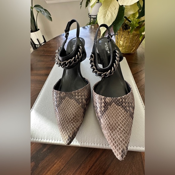 COACH Garland Snakeskin Slingback Kitten Heels Leather Chain Accent Size 9 - Picture 2 of 16
